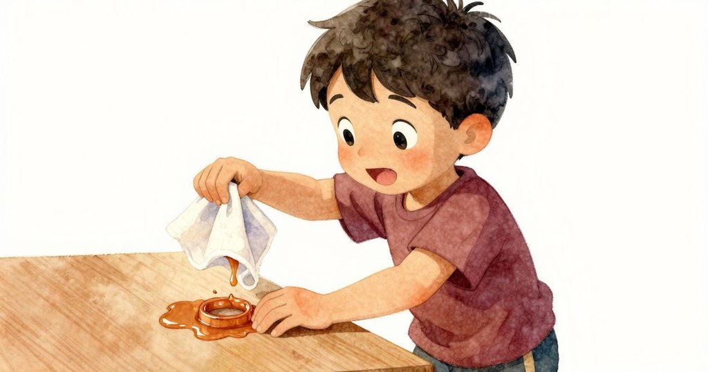 喬爾小心地舉起濕布，濕布緩緩鬆開露出環繞在櫃檯上的黏黏環狀物，細節清晰