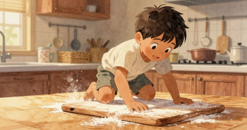 從低角度觀察，喬爾推動切菜板，漂浮的麵粉和閃爍的糖粒營造出神秘而生動的櫃檯場景