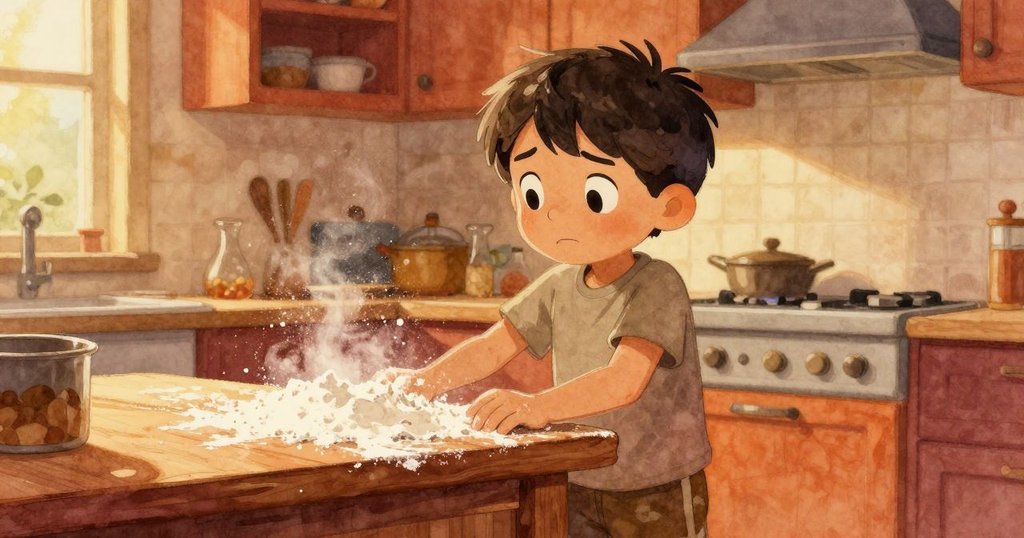 喬爾在秋日般溫暖的廚房中，眉毛輕挑，櫃檯上麵粉散發淡霧狀，糖粒在金色光影中閃爍