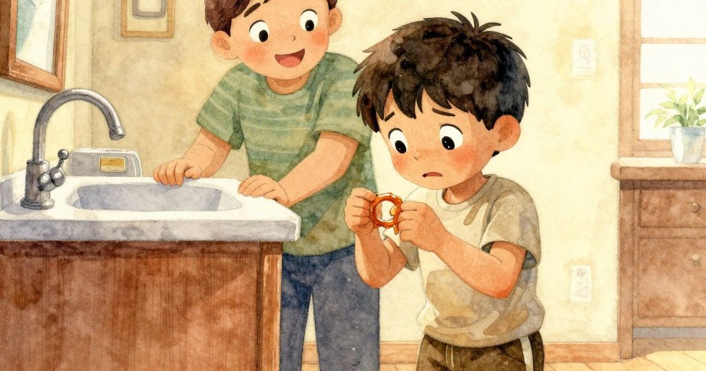 喬爾發現黏黏的圓環時露出憂慮表情，後方的長輩在洗手槽邊溫柔微笑鼓勵