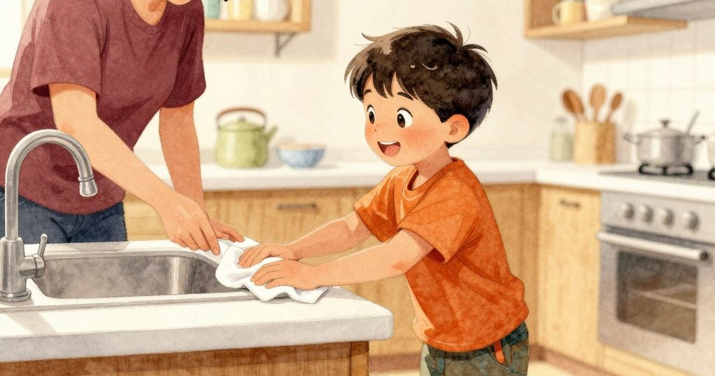 喬爾用濕布擦拭櫃檯，與洗手槽旁的長輩互相點頭微笑，完成一天溫馨的廚房冒險