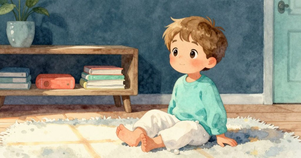 小傑斯坐在低層書架旁，陽光透過窗戶灑在地毯上，表情平靜，充滿溫暖的早晨氣息。