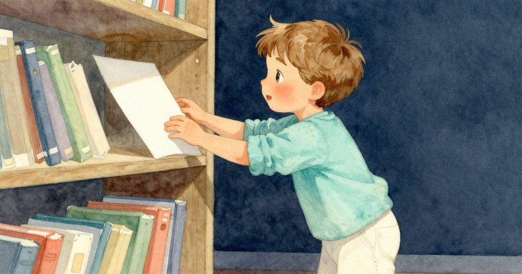 小傑斯伸手從書架上挑選一張柔軟的紙張，動作輕柔且充滿好奇，在溫暖光影中展現專注神情。