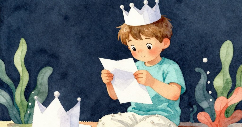 小傑斯從低角度專注地摺疊紙張，用心將其塑造成優雅皇冠，神情凝重而充滿期待。