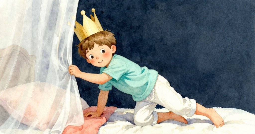 隨著微風輕拂窗簾，紙皇冠滑向床底，小傑斯用木塊推動它，動態互動充滿童趣。