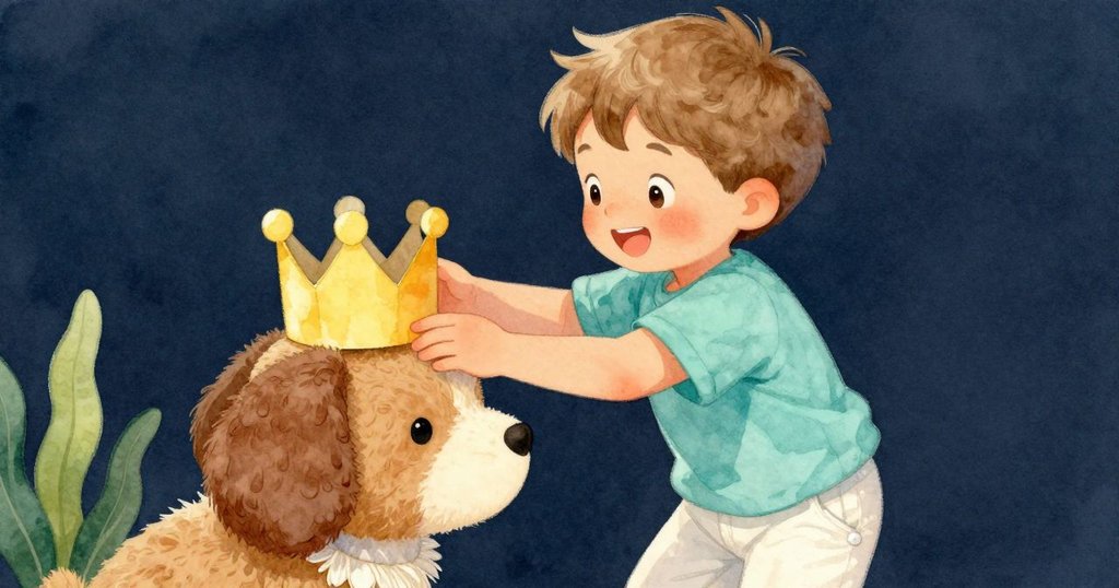 小傑斯滿懷喜悅地將紙皇冠放在心愛的絨毛貓上，周圍擺放著塑料龍蝦和玩具醬杯，畫面溫馨充滿幻想。