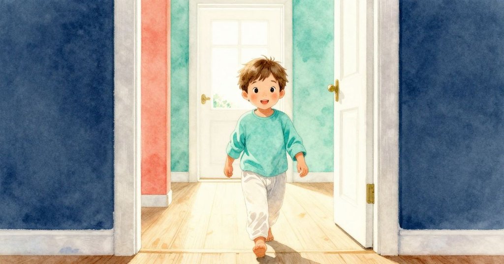 小傑斯步入明亮走廊，神情愉悅，廣闊空間與自然光輝映出冒險結束的寧靜。