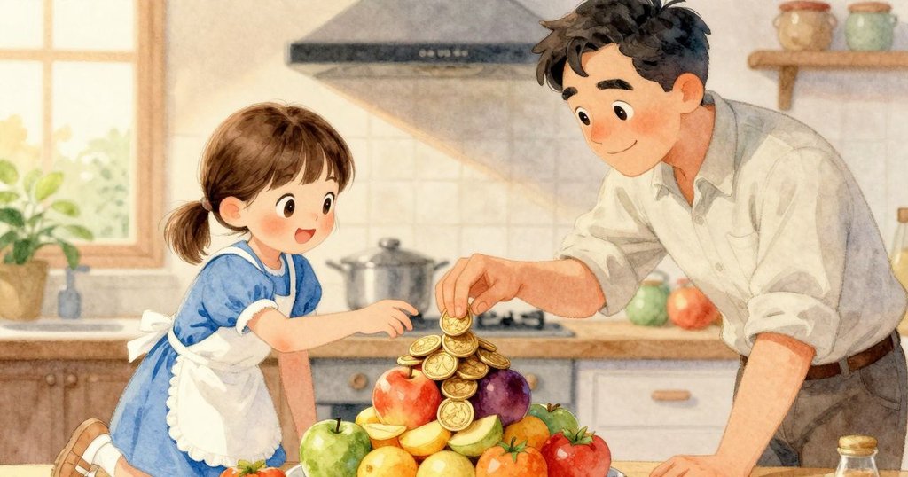 Vera的手輕輕推動著閃亮的香蕉銅幣在色彩繽紛的水果堆上，細節清晰呈現溫馨的廚房場景