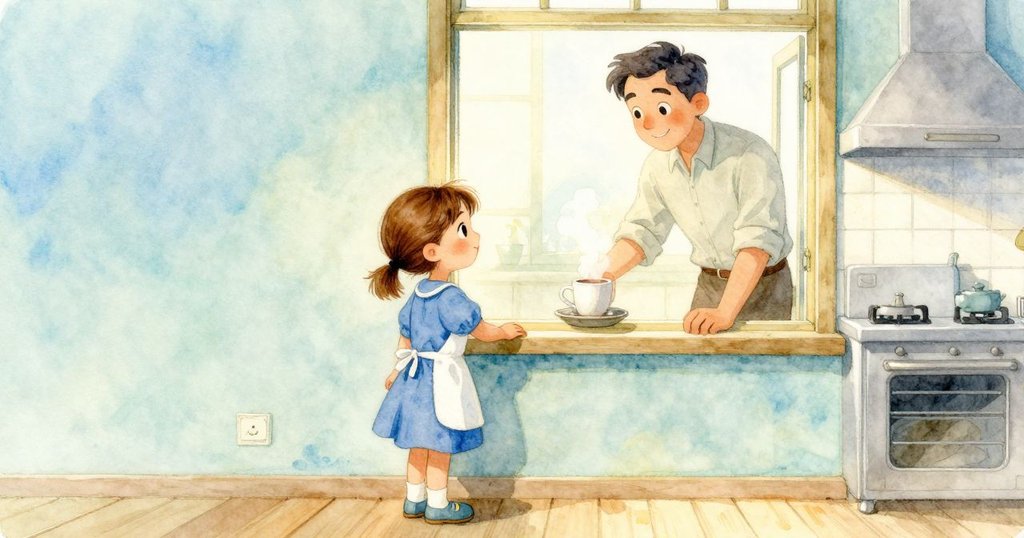 透過廚房窗戶觀察到杯上升起的蒸氣和遠處正在擦盤子的男子，營造出暖和且充滿生活氣息的早餐氛圍