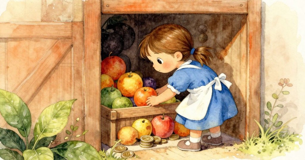 Vera好奇地探索櫃台後隱藏的角落，見到整齊水果與硬幣堆疊，並注意到破裂肥皂泡滲出的小水滴