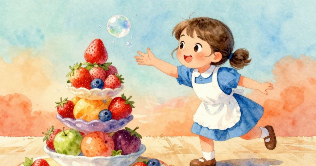 Vera動態迅速地從整齊水果堆上滑出明亮的草莓，伴隨破裂肥皂泡滴落微小水珠，臉上洋溢著快樂笑容