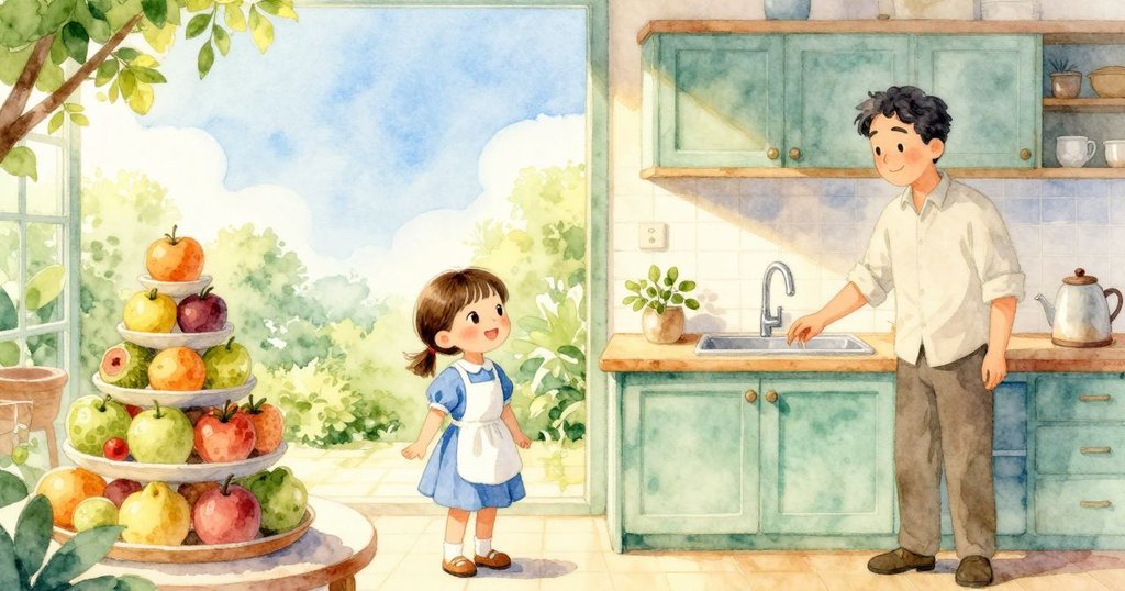 在明亮的廚房中，Vera欣喜地注視著整齊的水果堆，男子輕鬆擦拭碟子，水滴有節奏地從水龍頭滴下，整體氛圍寧靜