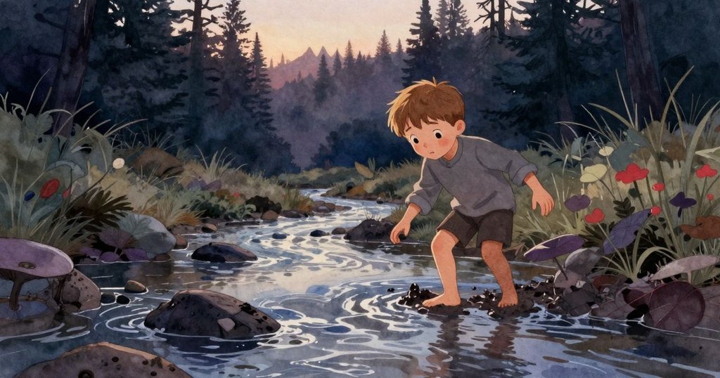 Palmer早晨走向小溪，輕觸涼濕泥土，晨光溫柔灑落，背景展現大自然美景，充滿期待與驚奇。