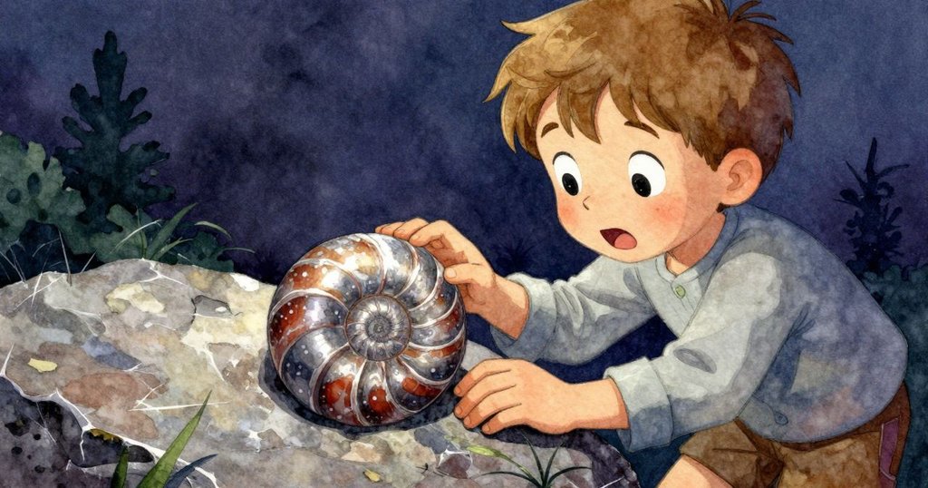 Palmer專注檢視岩石上螺旋化石，面部表現驚喜與好奇，細膩光影突顯自然魅力。