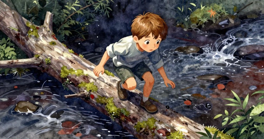 高角度畫面中Palmer小心步過覆滿濕苔的倒木，細節呈現樹皮劃痕與大自然氛圍，充滿專注與謹慎。