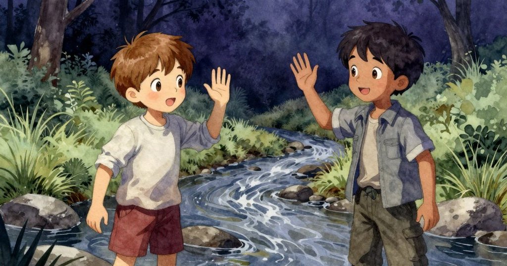 Selwyn在溪對岸愉快招手呼喚Palmer，兩人互動自然，環境展現溪流與柔和光線，充滿友好氣氛。