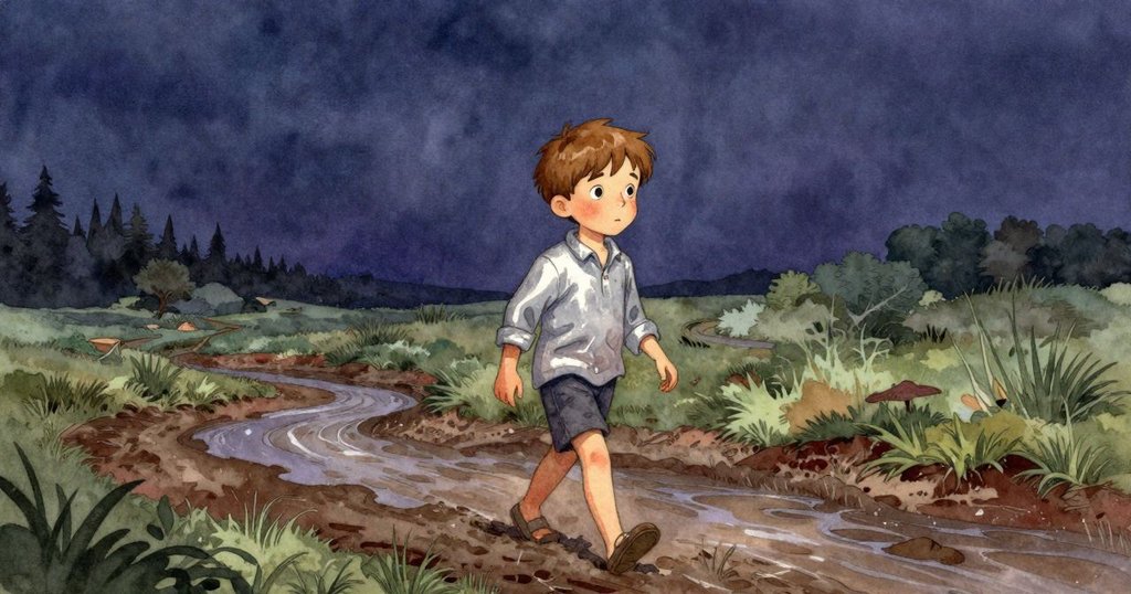 Palmer沿著泥濘溪邊走回，步伐穩健目光遠眺新征程，背景呈現寬闊自然景觀，充滿沉思與期待。