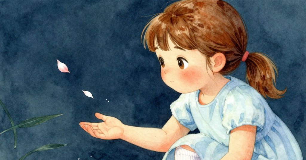 弗里達的手伸展在地毯上，一片花瓣輕輕飄落，細節豐富，充滿溫馨與驚奇