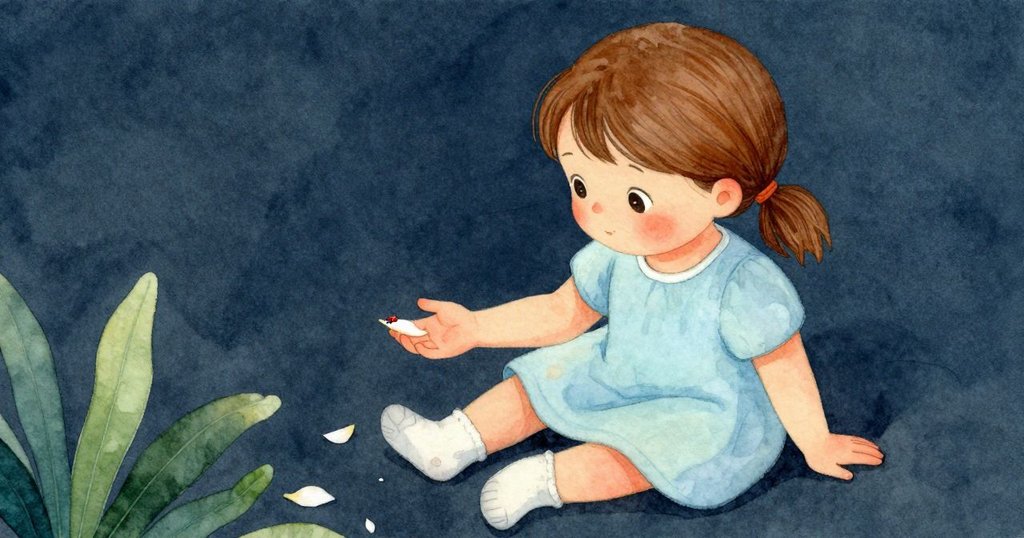 從上方俯視，弗里達平靜的臉龐與伸出的手上留著花瓣，一隻紅色小瓢蟲正接近，場景溫馨