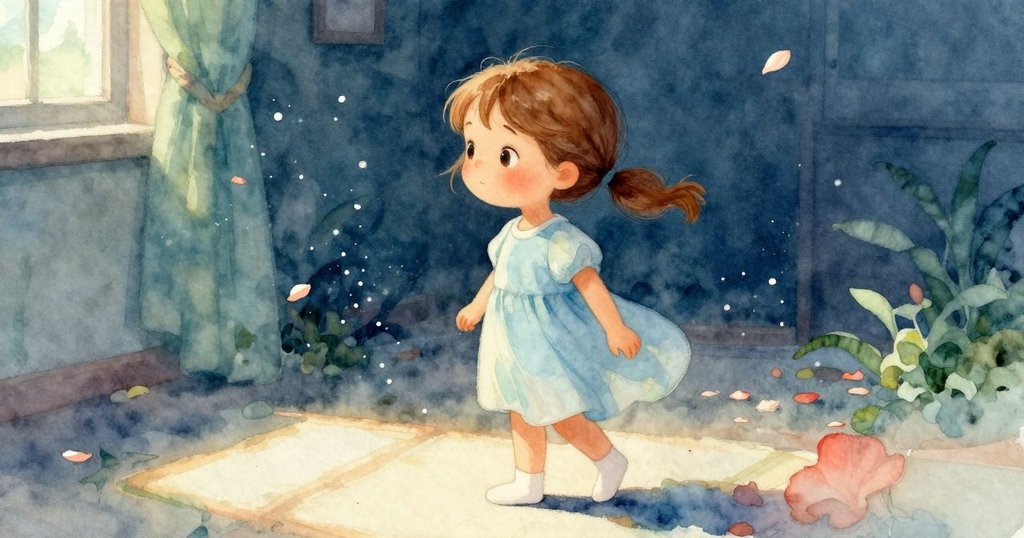 微風輕拂房間，陽光中飄舞的塵埃點綴在弗里達髮間與手中花瓣上，散發出靜謐魔幻感