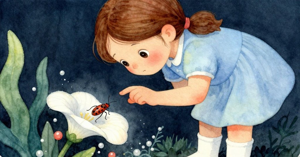 弗里達輕輕捲起手指覆蓋在花瓣上，一隻紅瓢蟲正逼近，畫面充滿期待和細膩情感