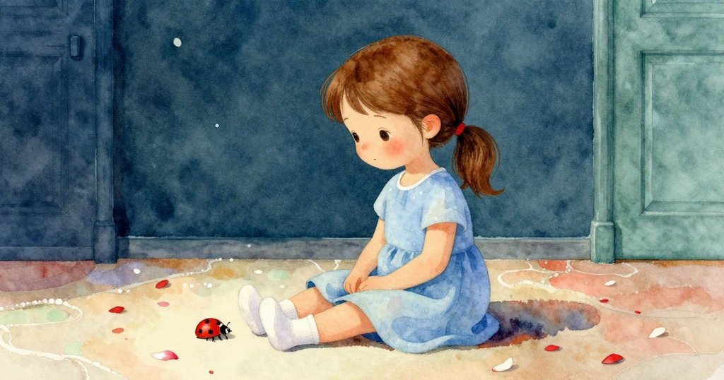 房間寧靜溫馨，弗里達安坐其中，手上花瓣上有隻紅瓢蟲靜靜停留，整體呈現溫暖平和氛圍