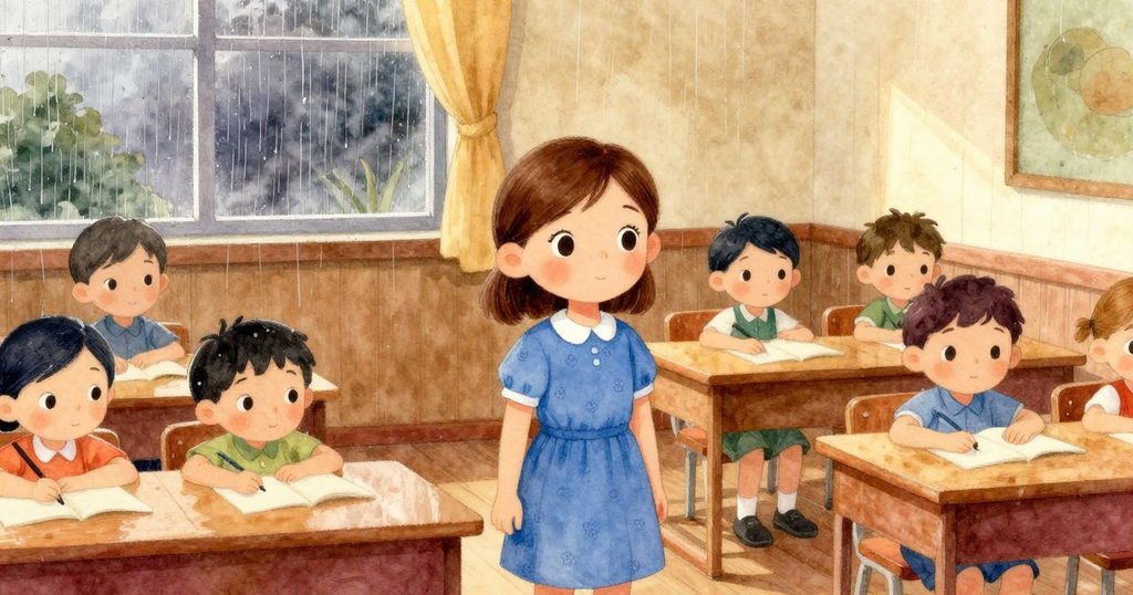 薩迪在雨天教室中坐在桌前,背景有其他孩子聊天,窗外雨絲斜瀉,室內充滿溫暖與冷靜的氛圍。