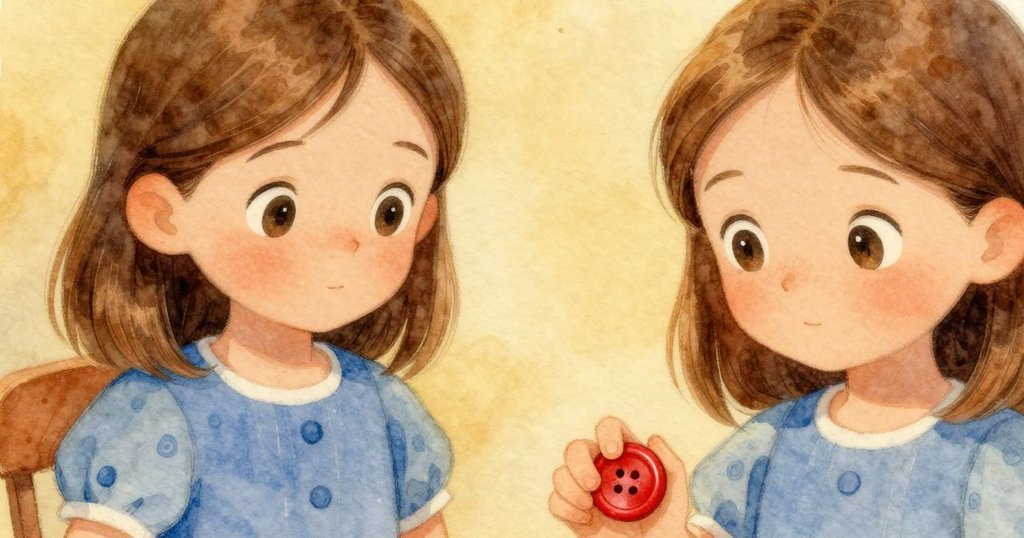 薩迪專注地拿起紅色鈕扣,臉上流露出驚奇與認真,光線柔和突顯鈕扣細節,畫面充滿溫暖情感。