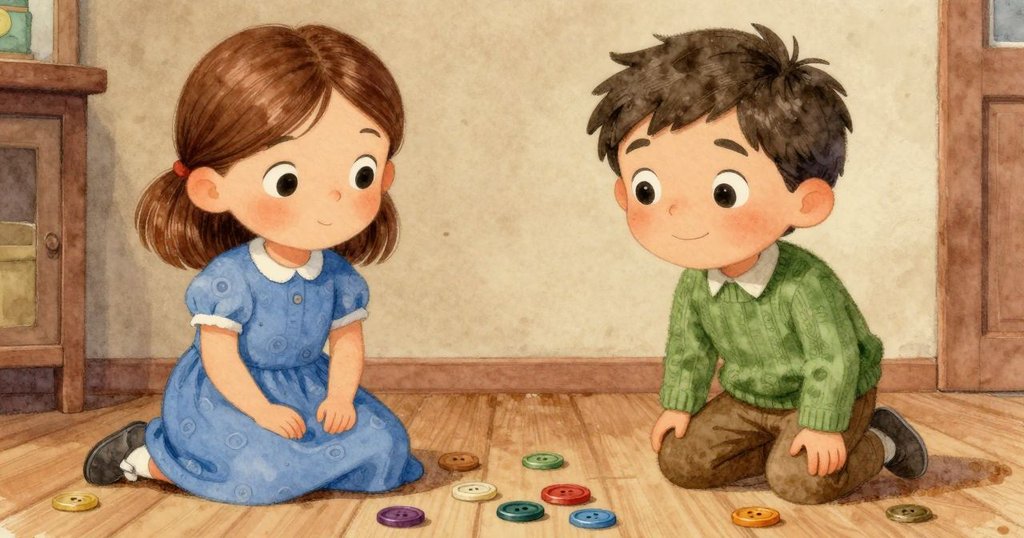 從小動物視角觀看,散落的彩鈕扣與發出輕響的金屬盒呈現玩味情境,薩迪背景模糊中忙碌。