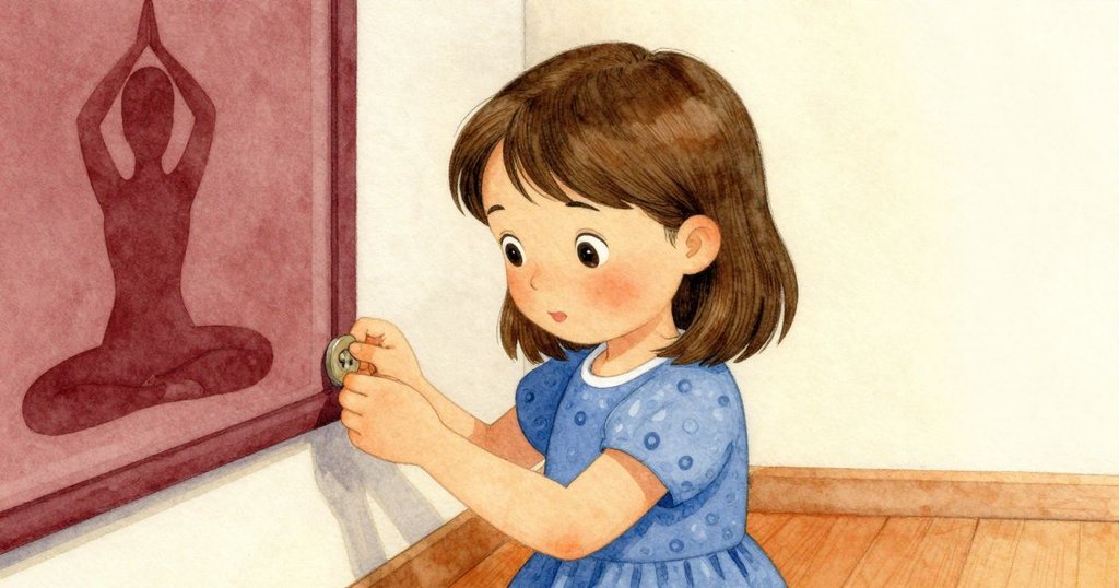 薩迪在教室角落靠近瑜伽海報處細心排列鈕扣,室內暖光映照下專注而有序,充滿創意與安靜氣氛。