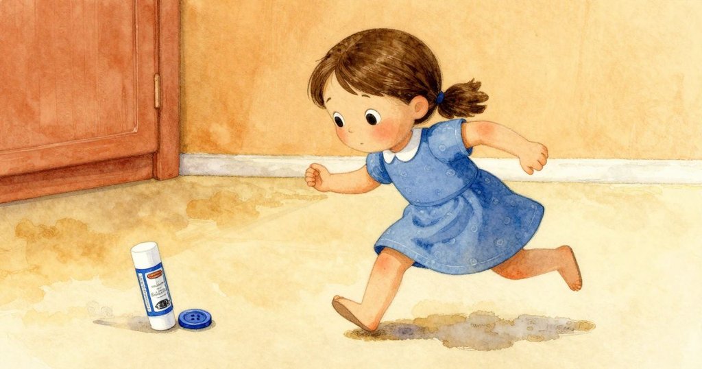 薩迪急速伸手追趕滾動進膠水旁的藍鈕扣,手持鉛筆輕輕推動,動感十足充滿活力。