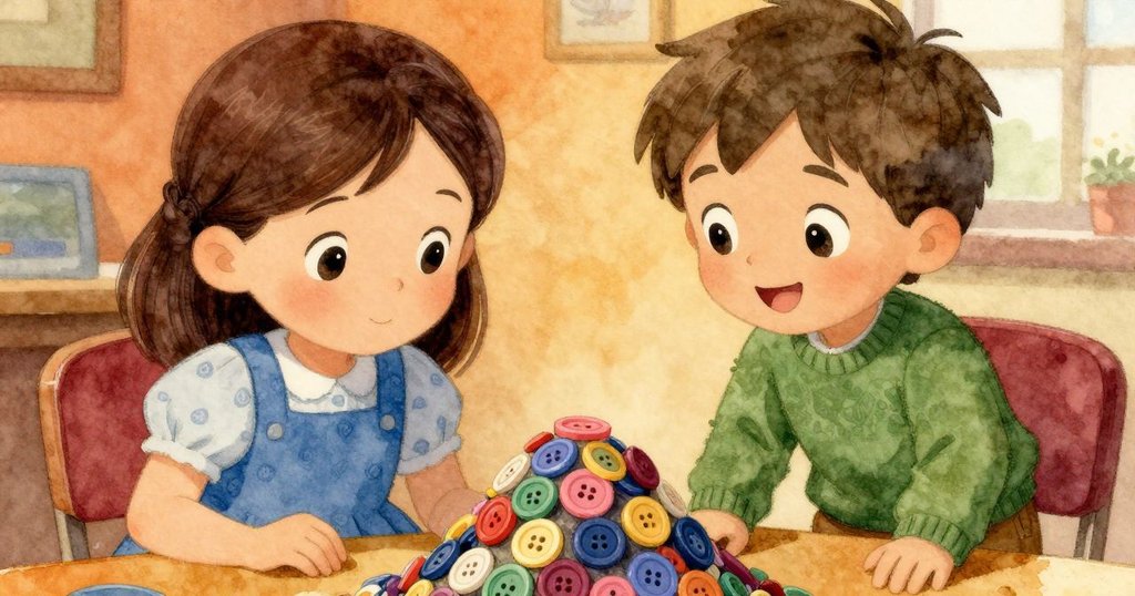 薩迪完成排列彩鈕扣成小山,與同學贾維斯面帶微笑互相欣賞創作成果,畫面溫馨且充滿成就感。