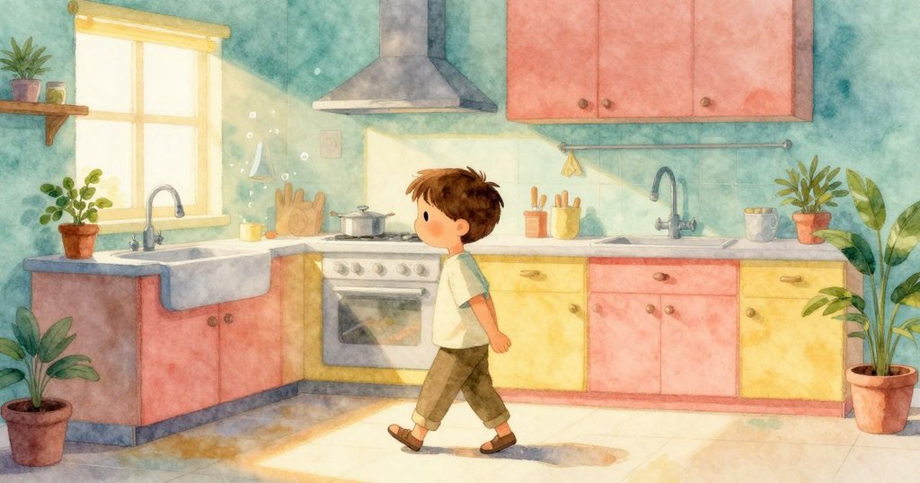 Palmer 在明亮廚房中走向櫃檯，窗外光芒透進來，水槽上漂浮著肥皂泡，氣氛寧靜