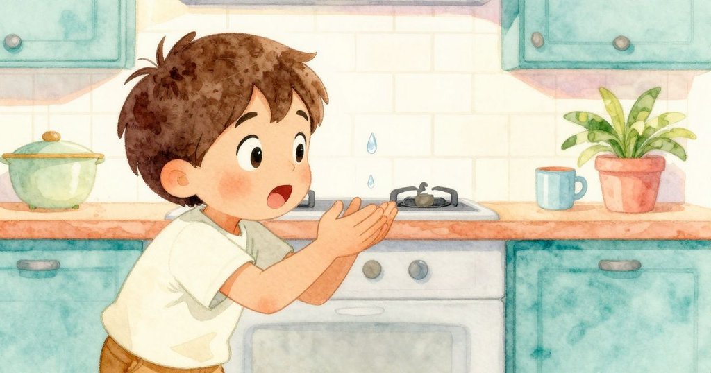 Palmer 在廚房水槽邊輕敲水龍頭，清澈水滴彈起破裂肥皂泡，臉上流露出驚訝與好奇