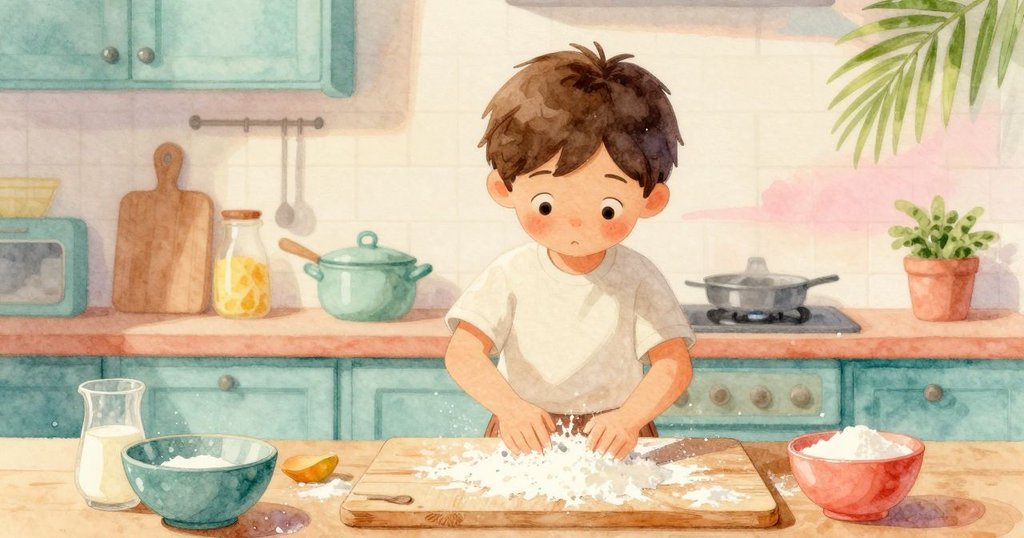 Palmer 在檯面上輕觸麵粉，細微麵粉如小街般散開，一顆水滴遇上糖粒形成閃亮道路，場景溫馨