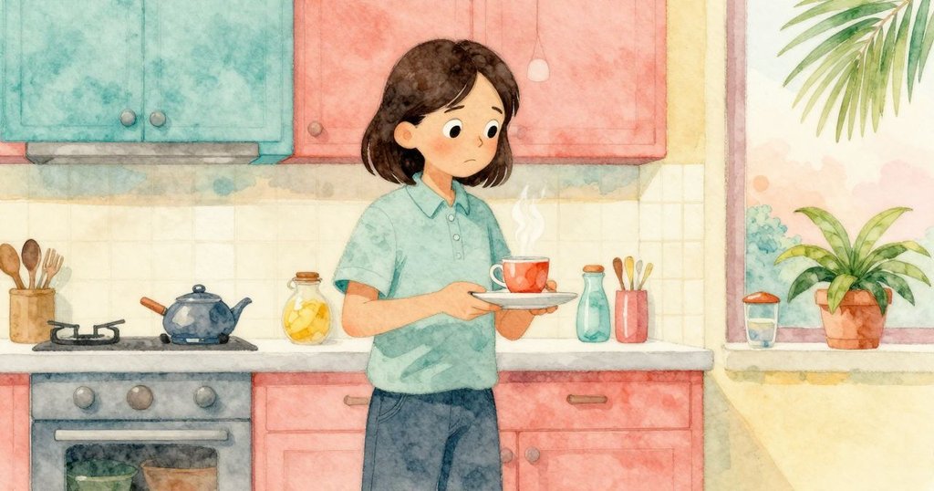 廚房中，一杯冒著細緻蒸氣的熱飲旁，成人輕提盤子，神情略顯嚴肅，室內光線柔和