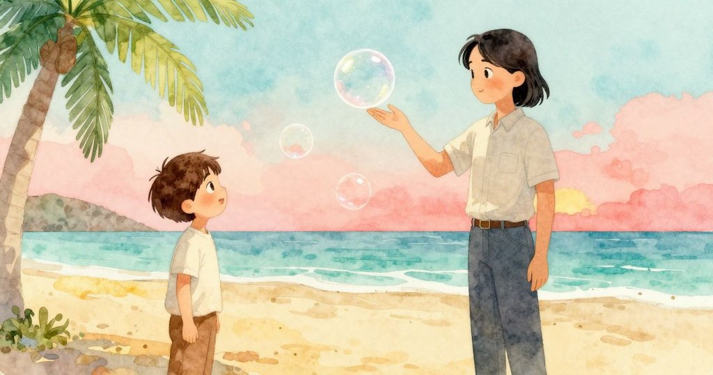 Palmer 靜立於廚房櫃檯上，手停在空中，一顆新冒的泡泡漂浮在他與成人之間，流露出驚奇與沉思