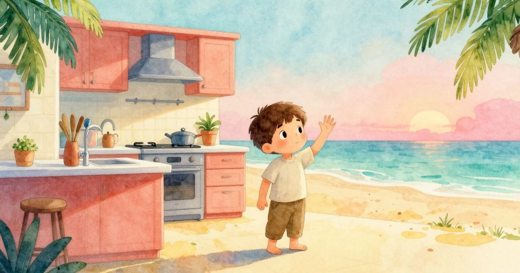 Palmer 於溫暖廚房中向神奇瞬間告別，面帶思索微笑揮手離去，室內光影柔和營造出寧靜氛圍