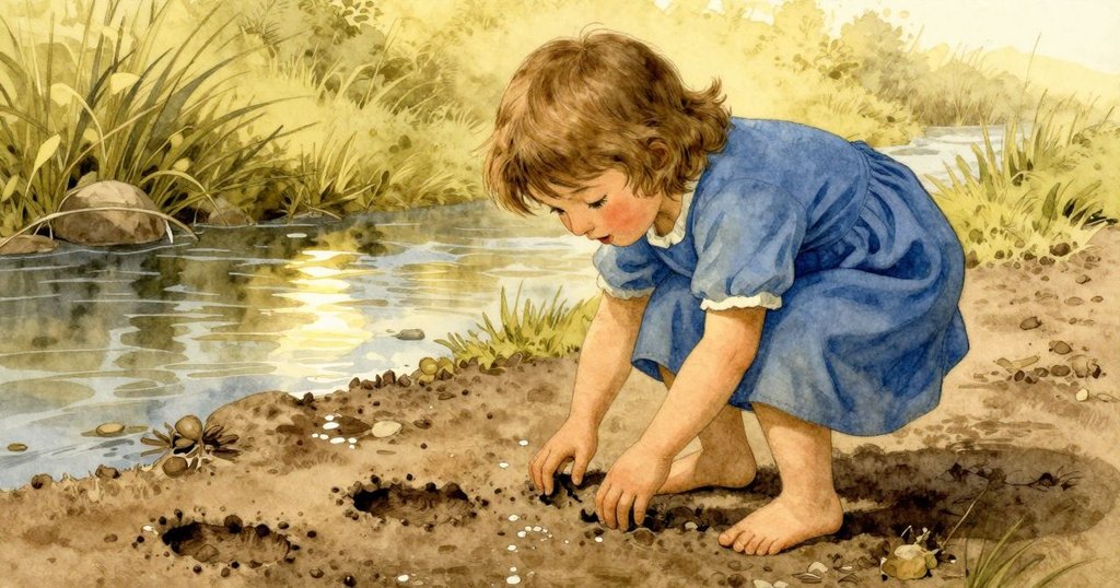 瑞雅蹲下身來,仔細觀察溪邊濕潤泥土上深色靴印,陽光照射下泥濕閃耀,透露出探索的興奮