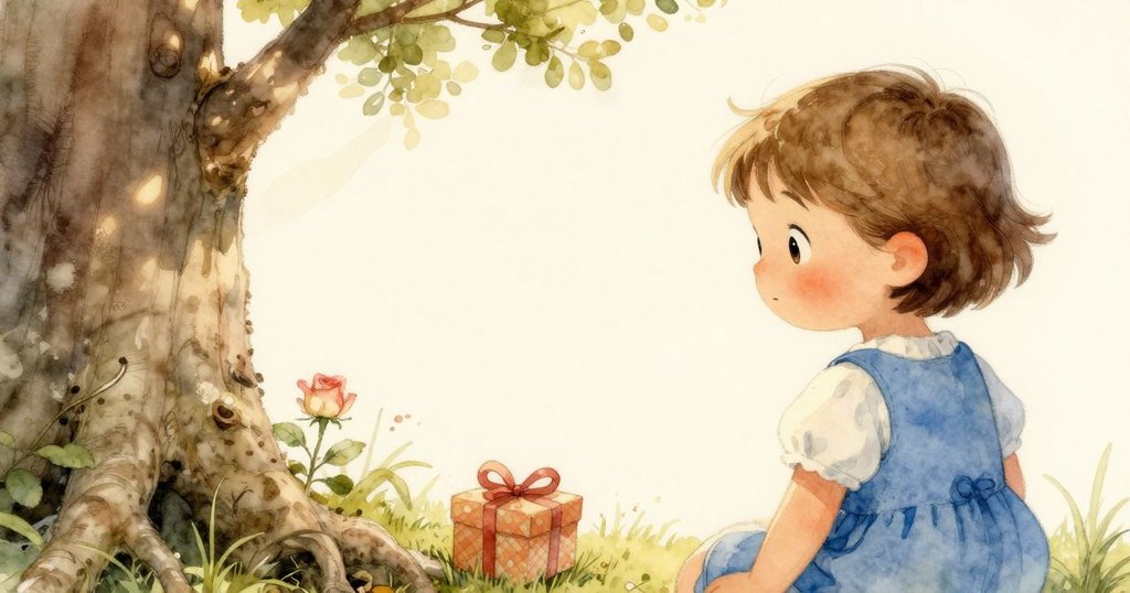 瑞雅從背後回望時發現根旁放置的一個小禮物,彩帶隨風飄舞,溫暖日光下情景充滿詩意