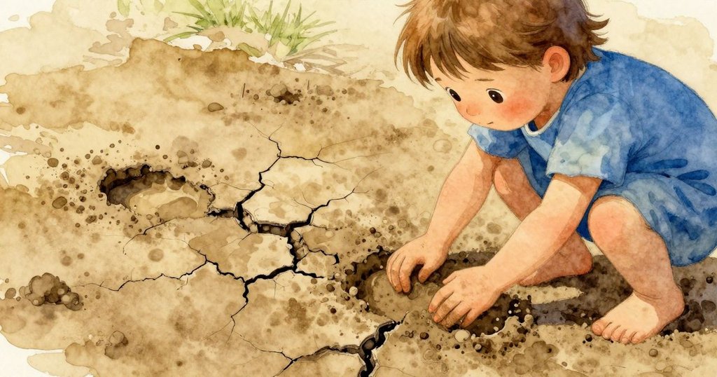 在炎熱午後的強光下,瑞雅注視著泥土上逐漸龜裂並轉變為柔和淡塵的靴印,細節刻劃清晰