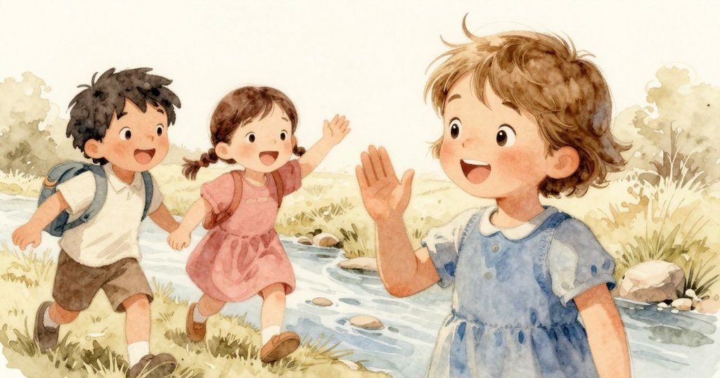 瑞雅與另一位小孩在溪邊熱情互動,彼此問候並共同驚喜大自然小奇蹟,快樂神情溢於言表