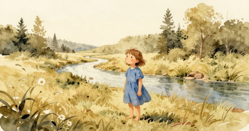 在柔和午後夕陽下,瑞雅靜立於寧靜空地,溪流與退去的靴印共同構成一幅平和而深遠的畫面