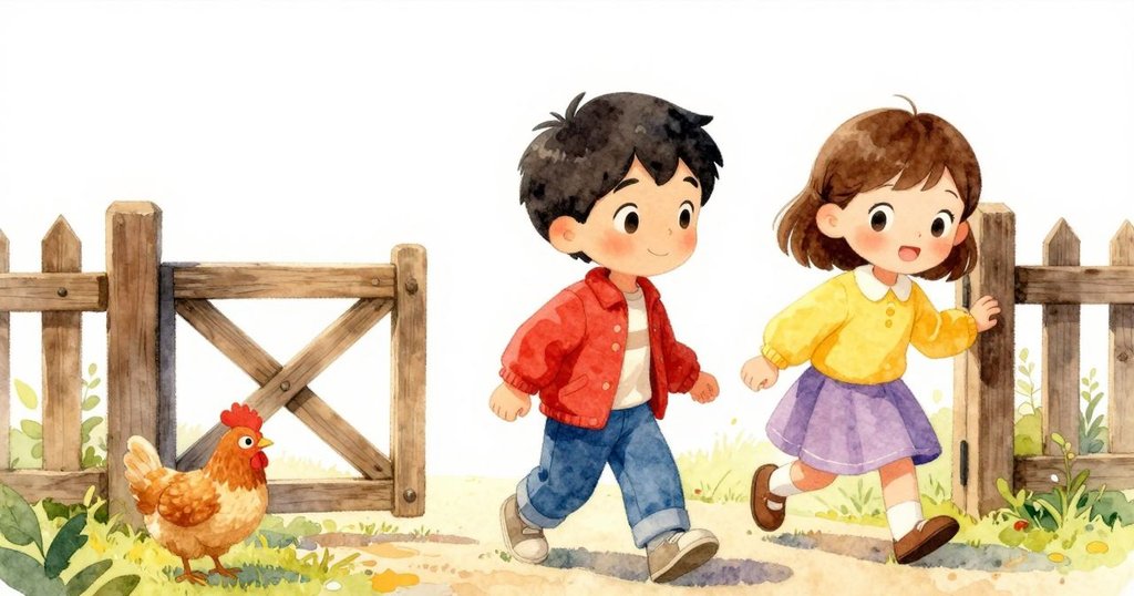 沃恩與貝桑站在木柵欄旁，邊走向小門邊觀察粗糙柵欄，小雞在附近跳動，早晨陽光灑在大地