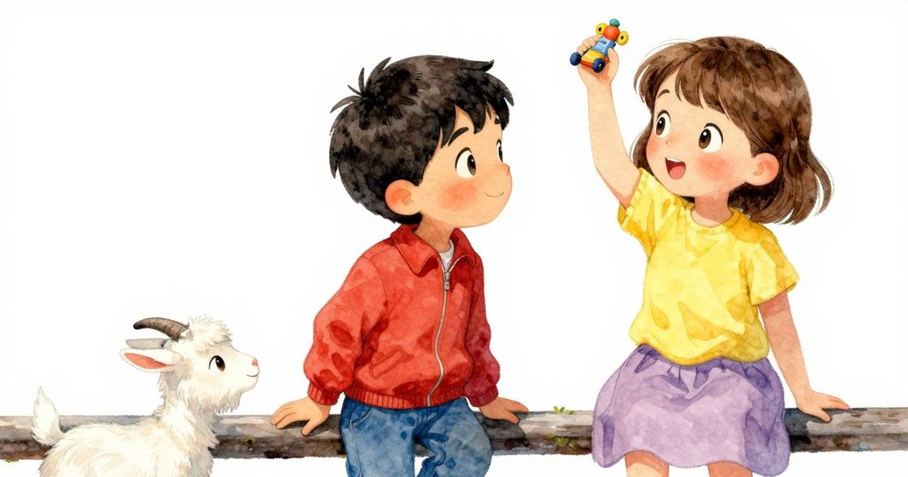 沃恩輕輕提起柵欄上小玩具，小山羊仔好奇觀望，貝桑在旁認真注視這象徵性瞬間