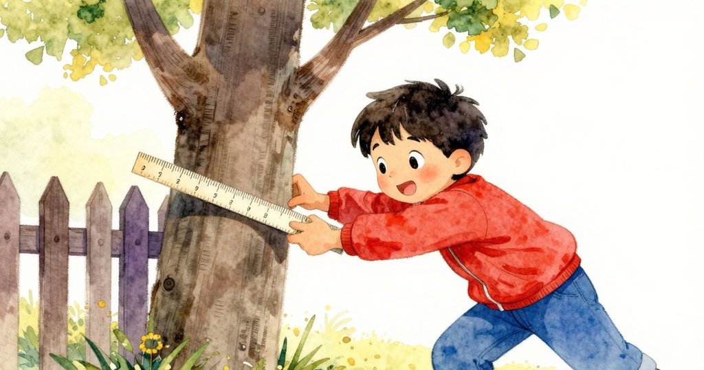 沃恩正通過柵欄縫隙放下小尺子，試圖勾住玩具，高樹投下柔和陰影形成窗框般畫面