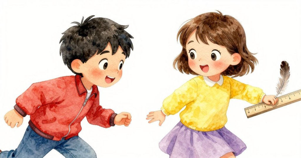 羽毛輕輕落在尺子上，玩具從柵欄滑落，附近小山羊仔靜觀微妙變化，營造溫柔動感