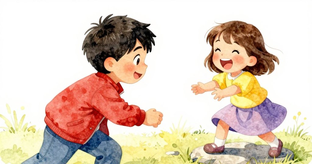 沃恩捧著玩具歡笑，貝桑露出燦爛笑容，小山羊仔好奇湊近，平石上呈現復雜鄉村風情