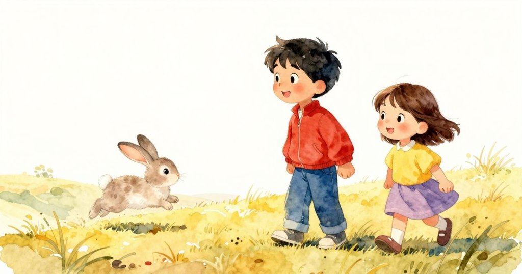 兔子在山坡小徑上輕快奔跑，沃恩與貝桑滿懷期待凝望遠方新景象，夕陽餘暉中充滿希望感