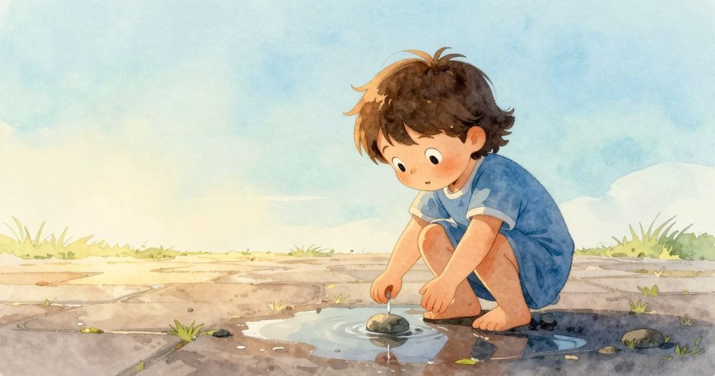 Uma在早晨的庭院裡蹲著，準備將石頭丟入鏡面般的積水中，陽光透過雲層灑下，神情專注